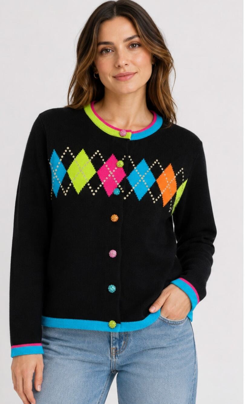 Vintage Jack B Quick Neon Argyle Rhinestone Cardigan Sweater M
